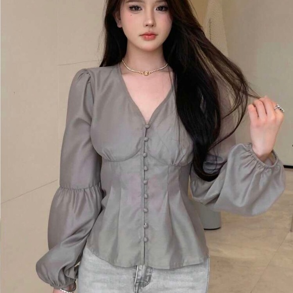 Solid Button Through Bishop Sleeve Blouse - Picture 2 of 7